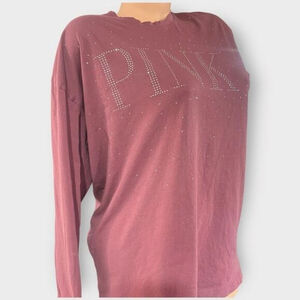 Victoria's Secret PINK Lg Long Sleeve Campus Tee Maroon Rhinestones Bling